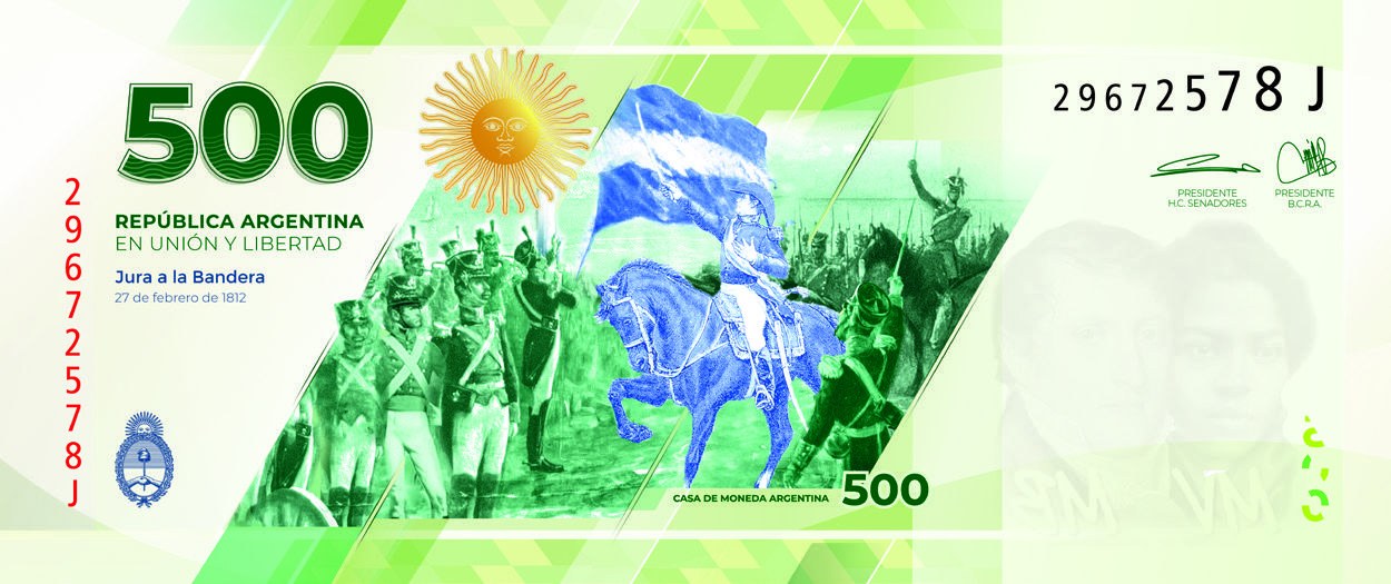 Billete argentino de 500 pesos; imagen de una denominación, no de su valor actual de compra